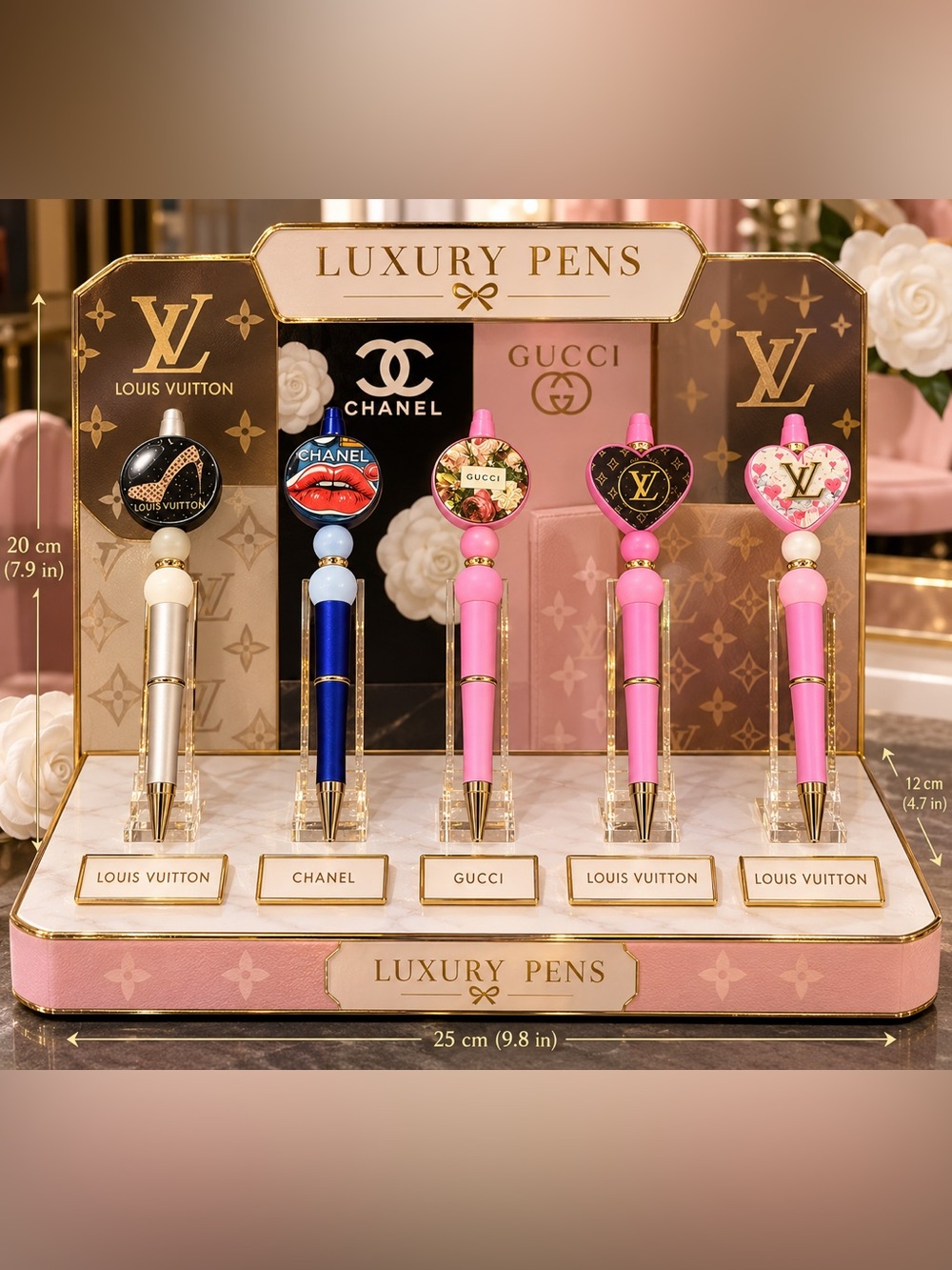Logo Heart Top Pens - Pink, Blue, Silver - Fashion Brand Style